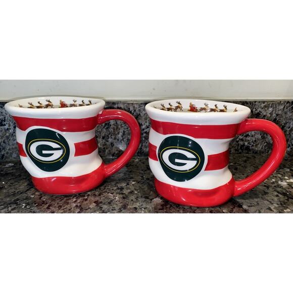 Set Of 2 NFL Green Bay Packers Holiday Stocking Ceramic Coffee Mugs Memory CO - Picture 1 of 9